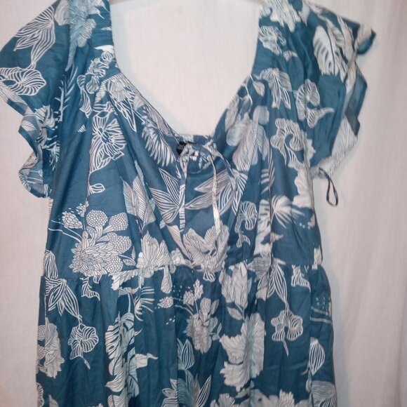 (N) Anthony Woman's Cap Sleeve Dress 100% Cotton 1X Teal /White Floral NWOT - Picture 2 of 3
